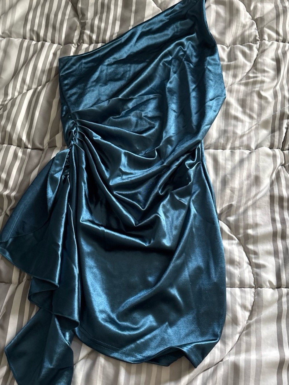 Satin One-Shoulder Teal Blue Dress